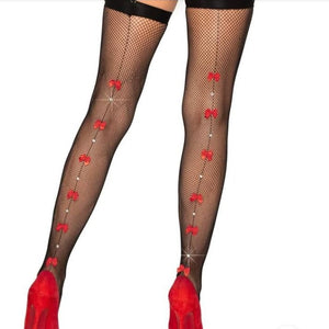 Red Bow Backseam Fishnet Thigh Highs