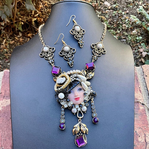 Set / Purple & Black Mulan Doll Head Necklace and Earrings